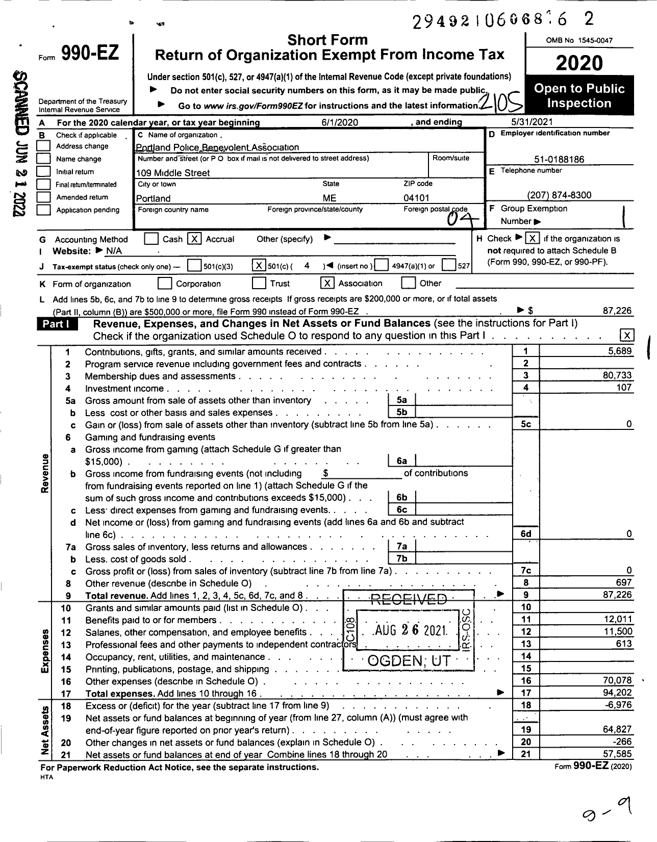 Image of first page of 2020 Form 990EO for Portland Police Benevolent Association