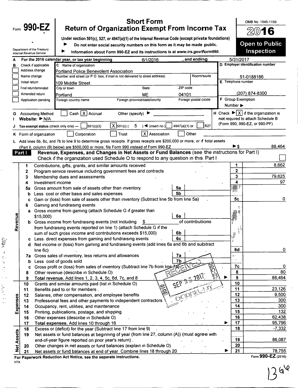 Image of first page of 2016 Form 990EO for Portland Police Benevolent Association