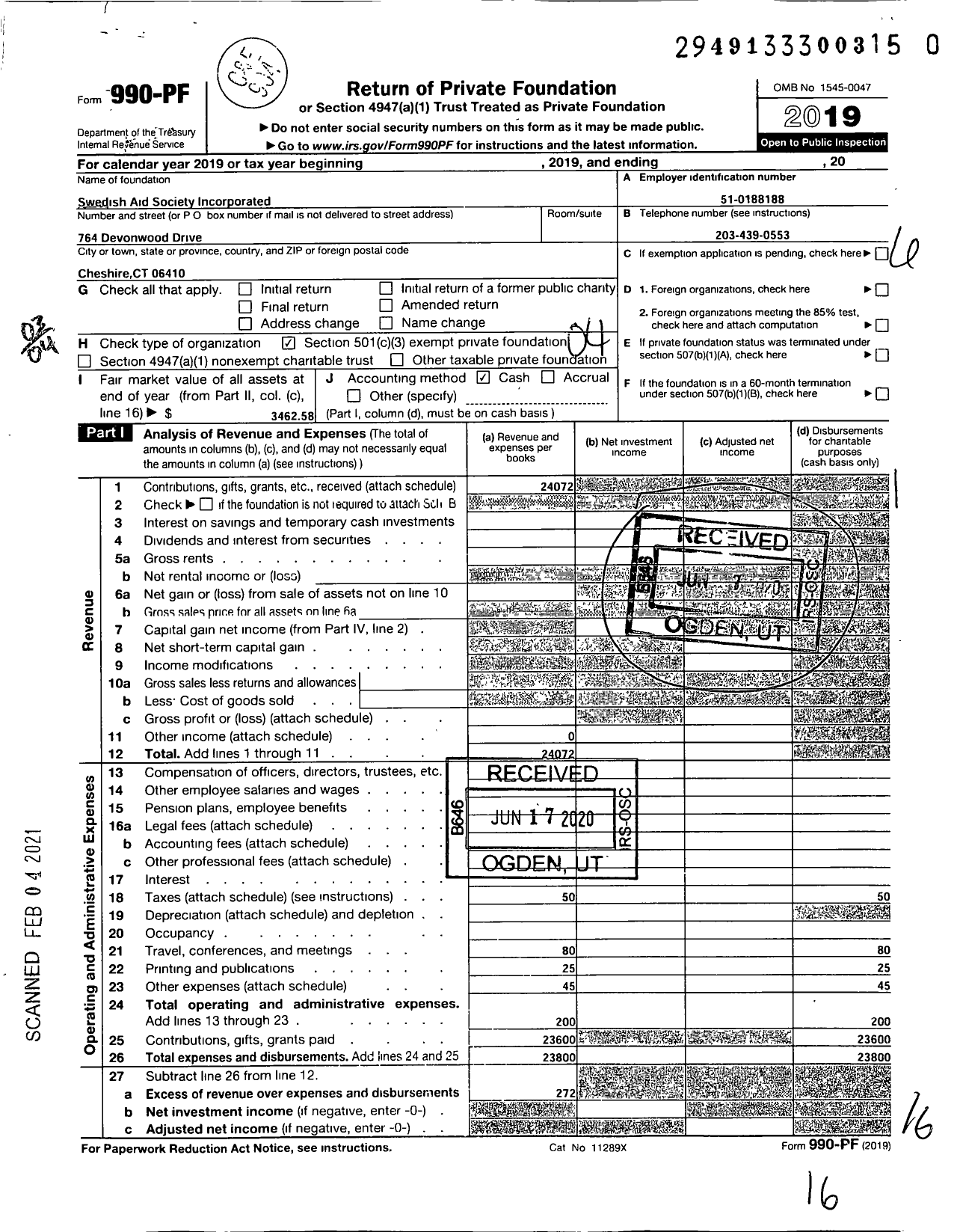 Image of first page of 2019 Form 990PF for Swedish Aid Society