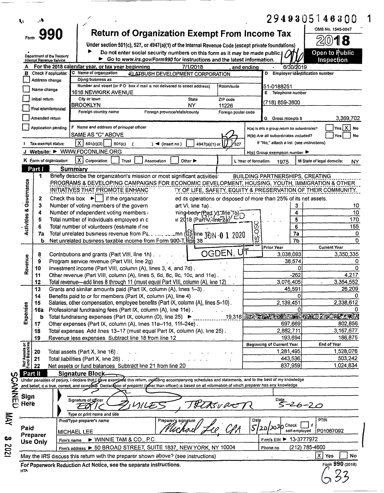 Image of first page of 2018 Form 990 for Flatbush Development Corporation