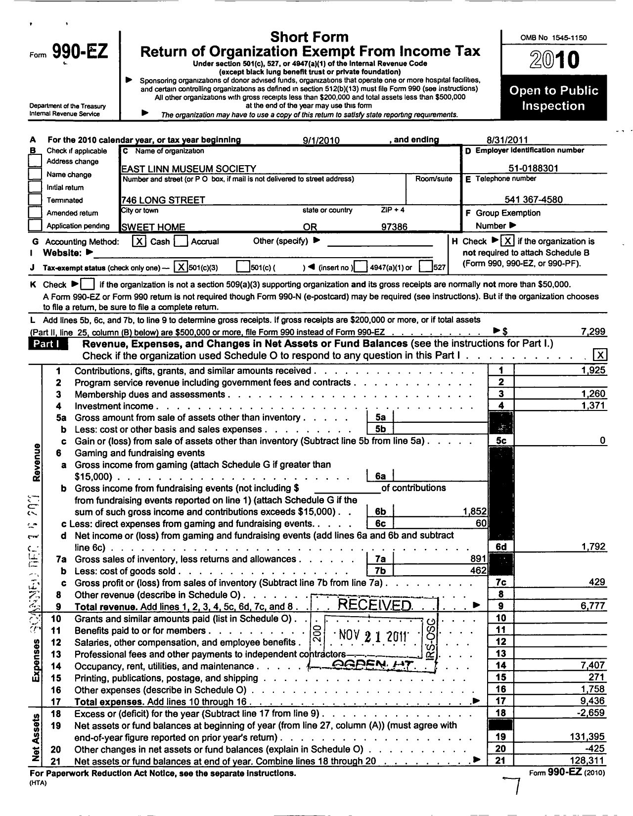 Image of first page of 2010 Form 990EZ for East Linn Museum Society