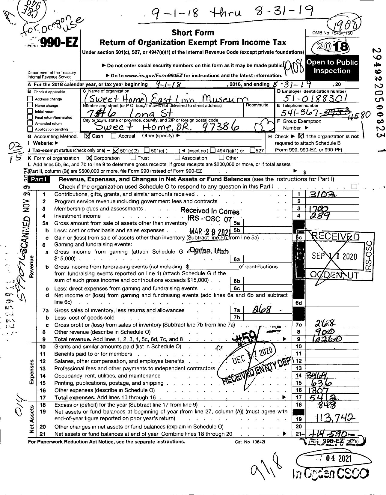 Image of first page of 2018 Form 990EZ for East Linn Museum Society