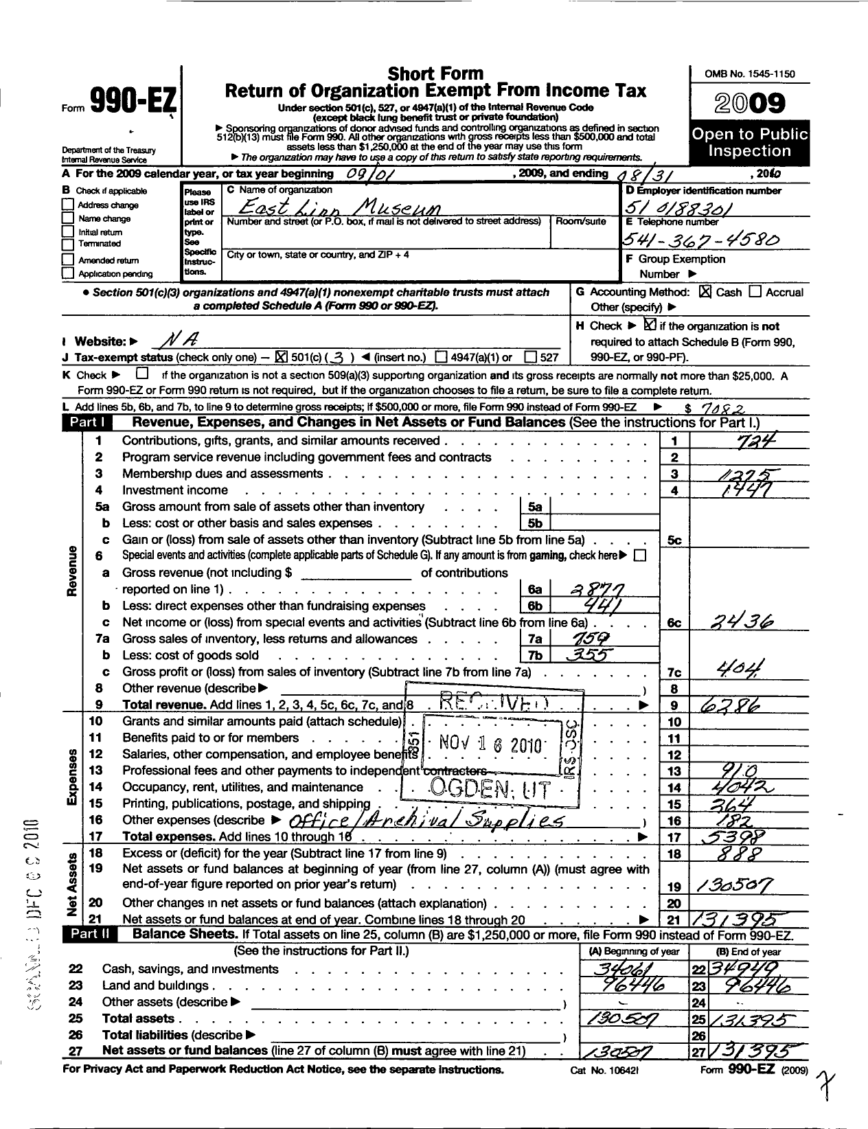 Image of first page of 2009 Form 990EZ for East Linn Museum Society