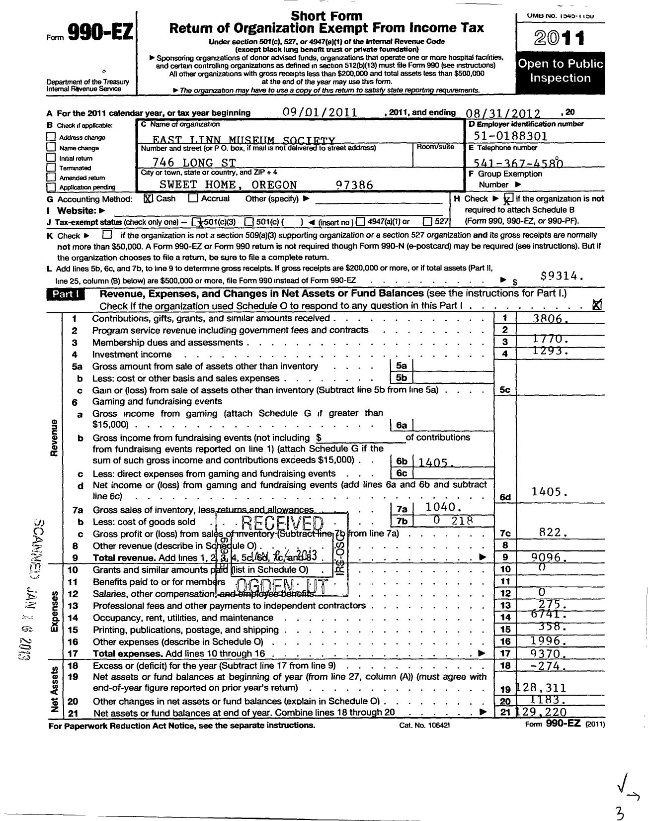 Image of first page of 2011 Form 990EZ for East Linn Museum Society