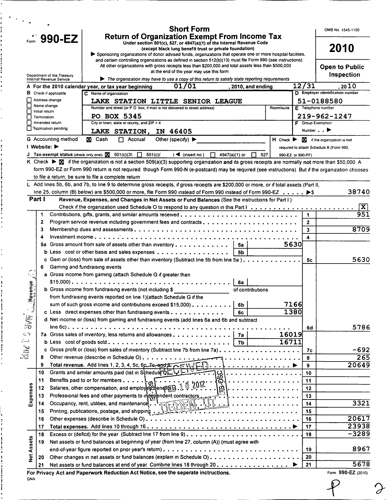 Image of first page of 2010 Form 990EZ for Little League Baseball - 1140103 Lake Station LL