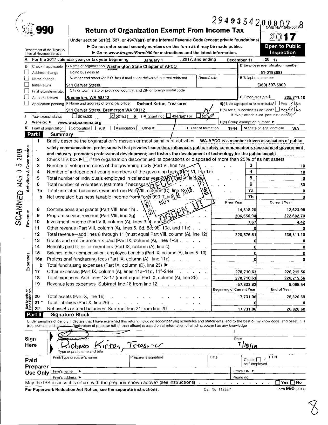 Image of first page of 2017 Form 990O for Washington State Chapter Associated Public Safety Communications Ofcrs