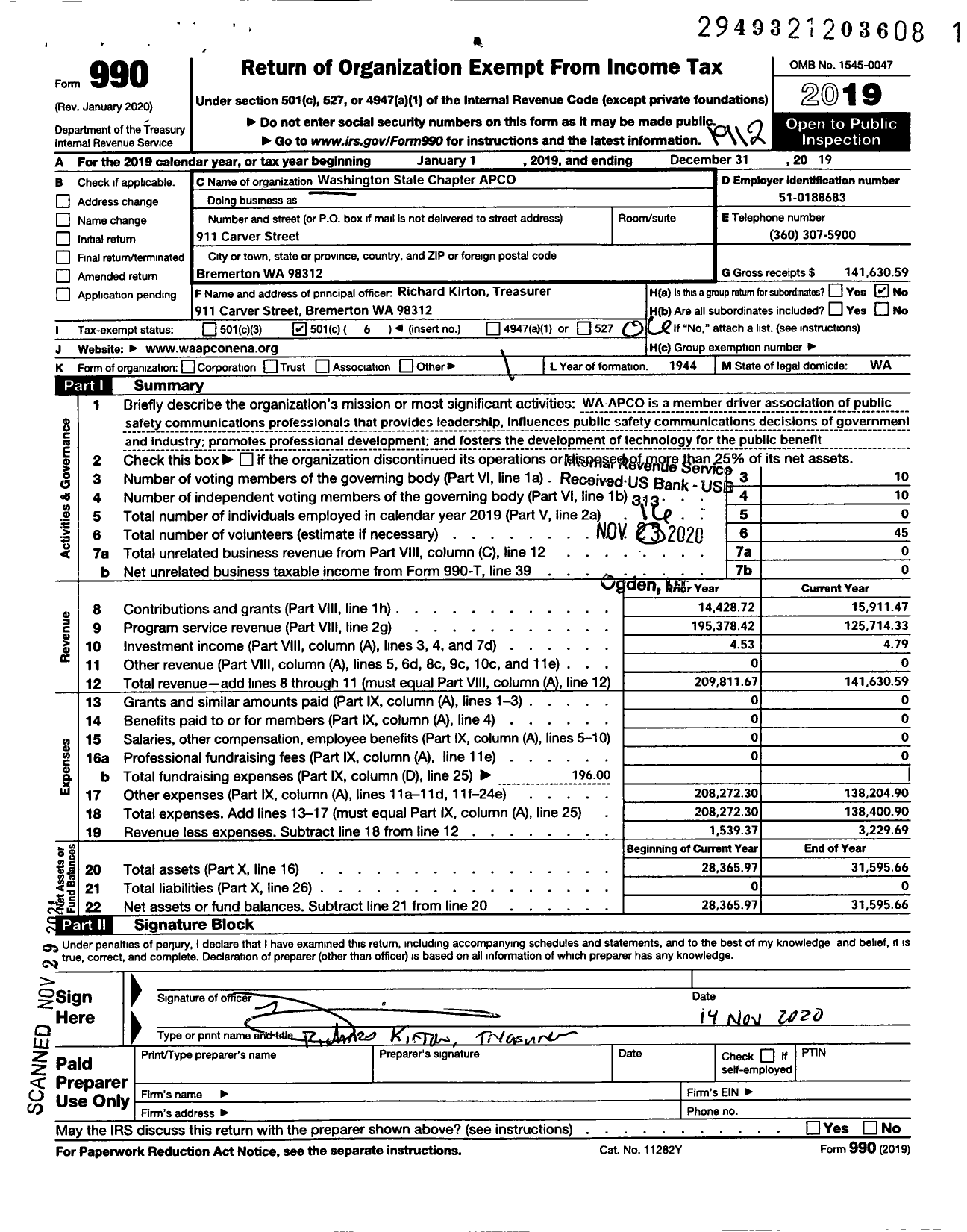 Image of first page of 2019 Form 990O for Washington State Chapter Associated Public Safety Communications Ofcrs