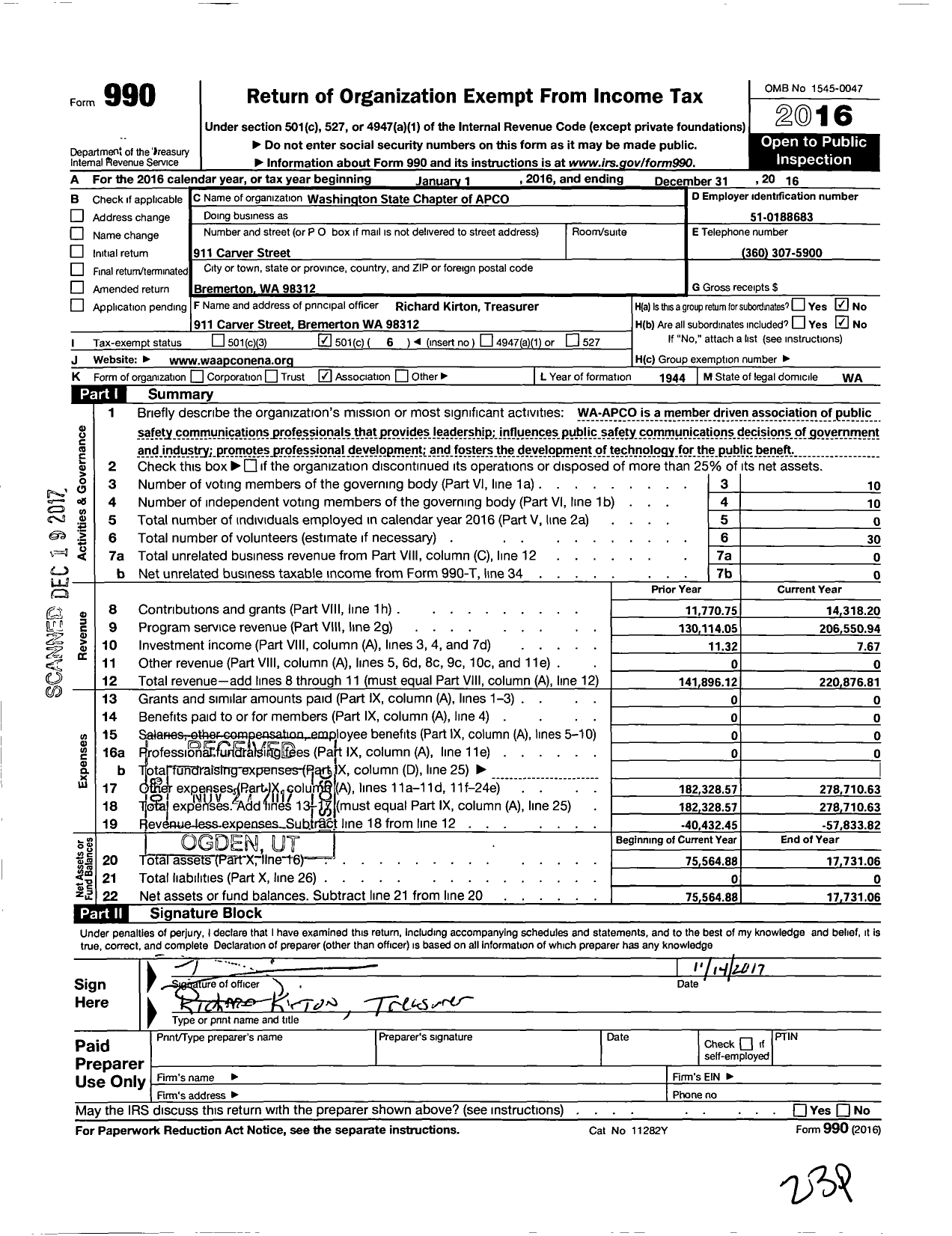 Image of first page of 2016 Form 990O for Washington State Chapter Associated Public Safety Communications Ofcrs