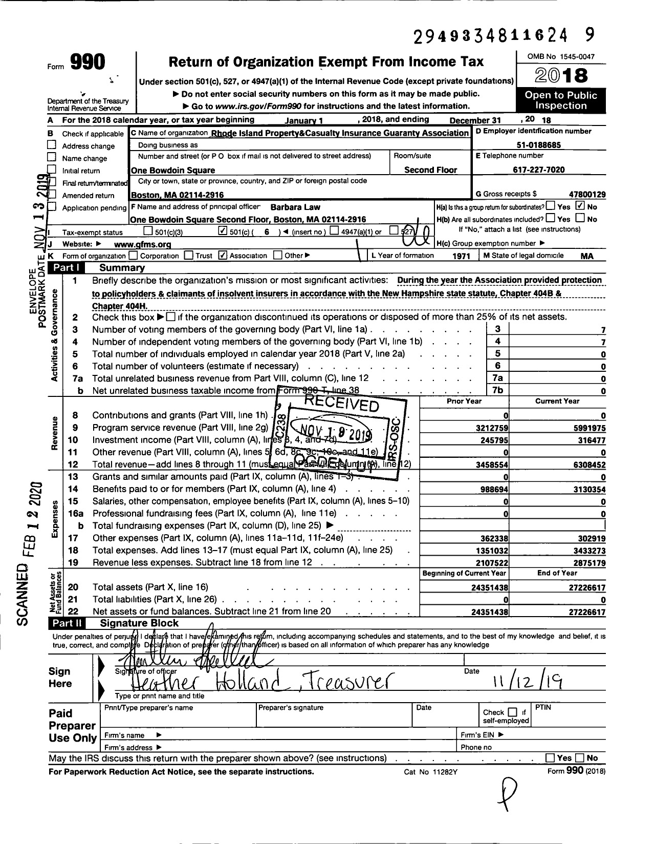 Image of first page of 2018 Form 990O for Rhode Island Property and Casualty Insurance Guaranty Association (GFMS)