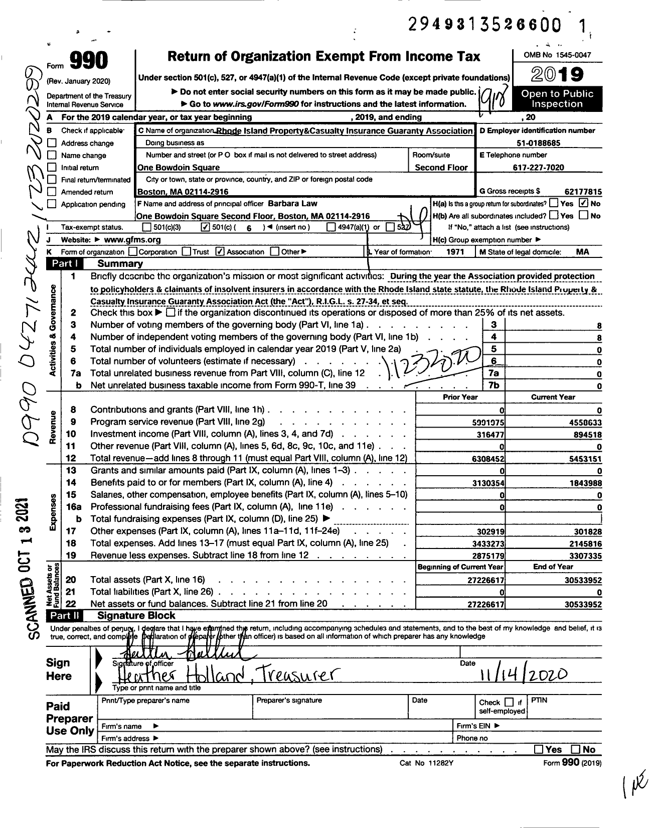 Image of first page of 2019 Form 990O for Rhode Island Property and Casualty Insurance Guaranty Association (GFMS)