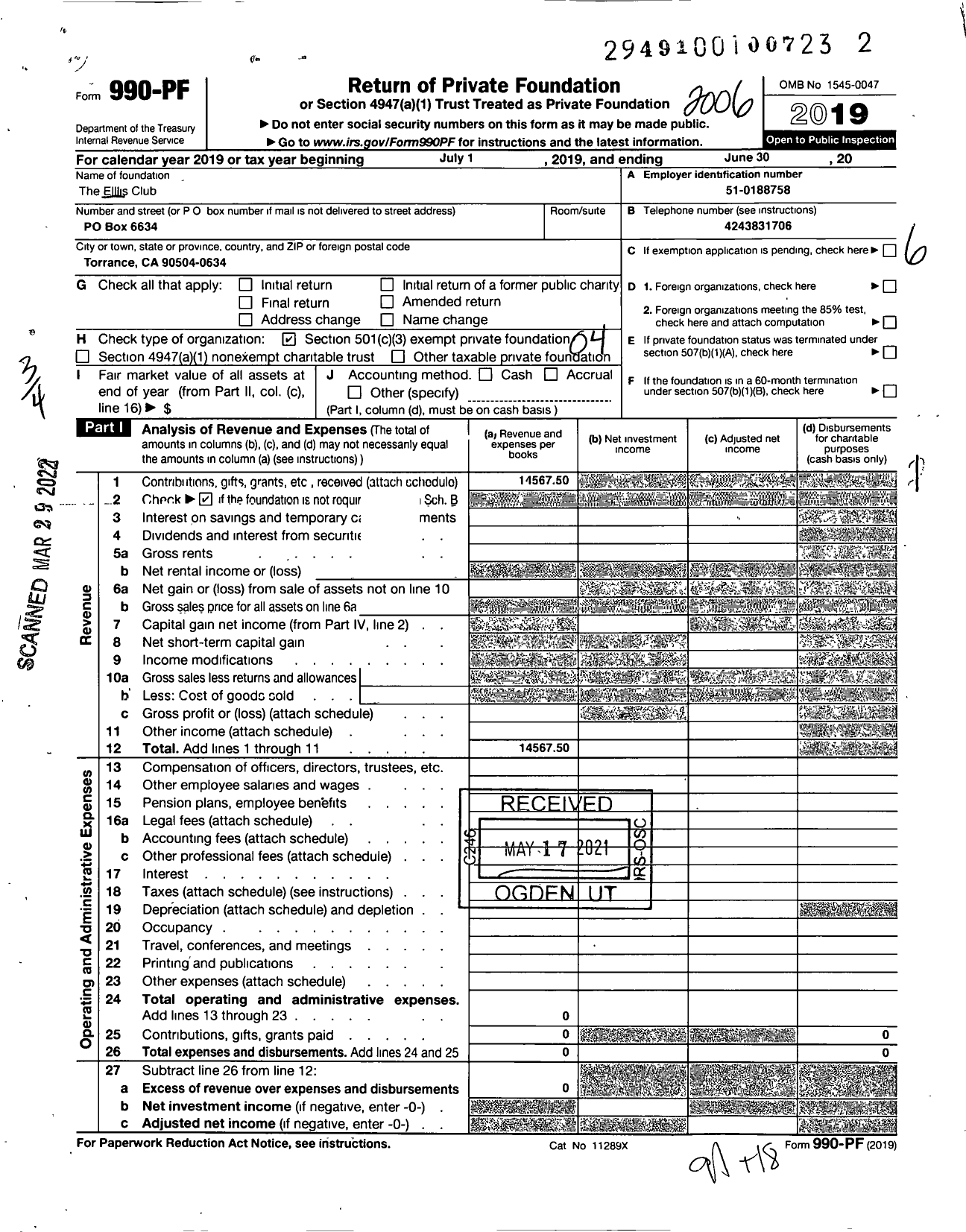 Image of first page of 2019 Form 990PF for The Ellis Club