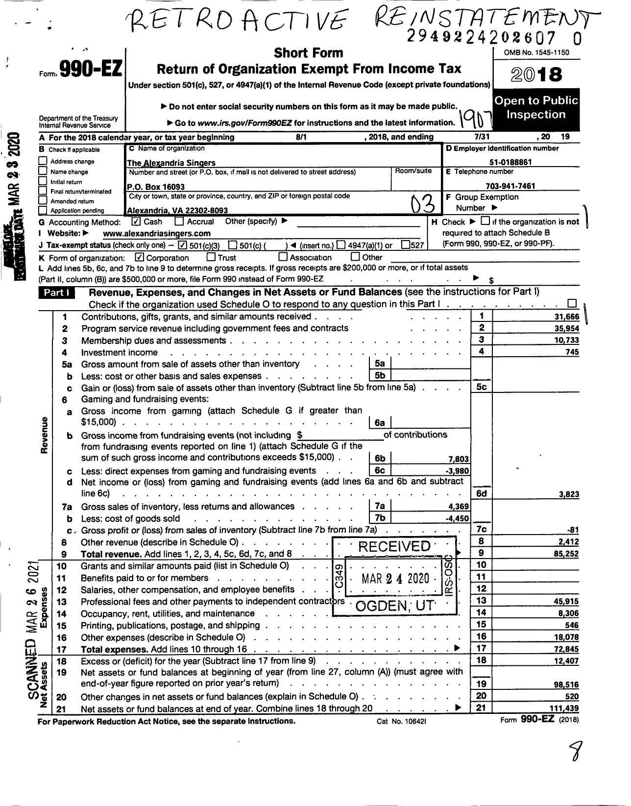 Image of first page of 2018 Form 990EZ for Alexandria Singers