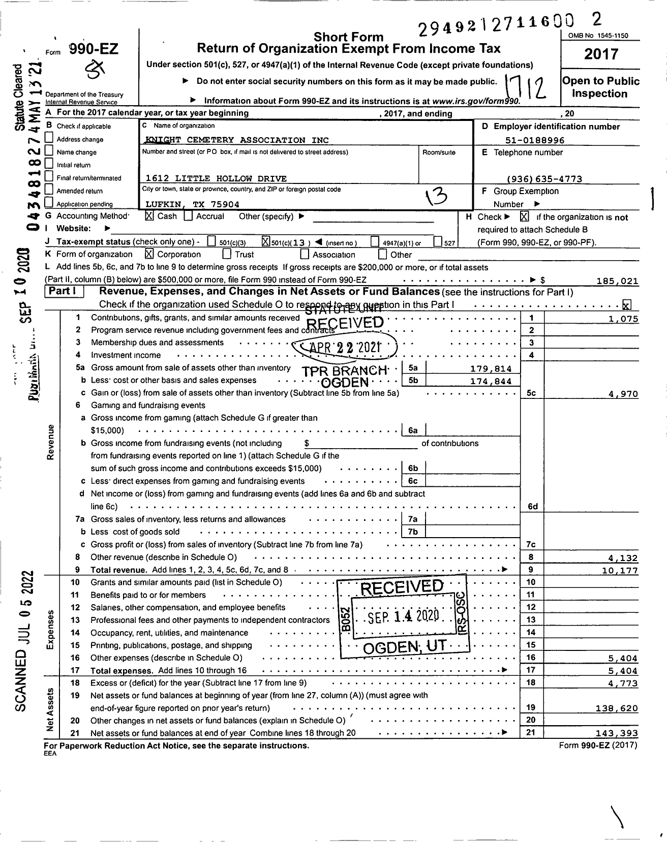 Image of first page of 2017 Form 990EO for Knight Cemetery Association