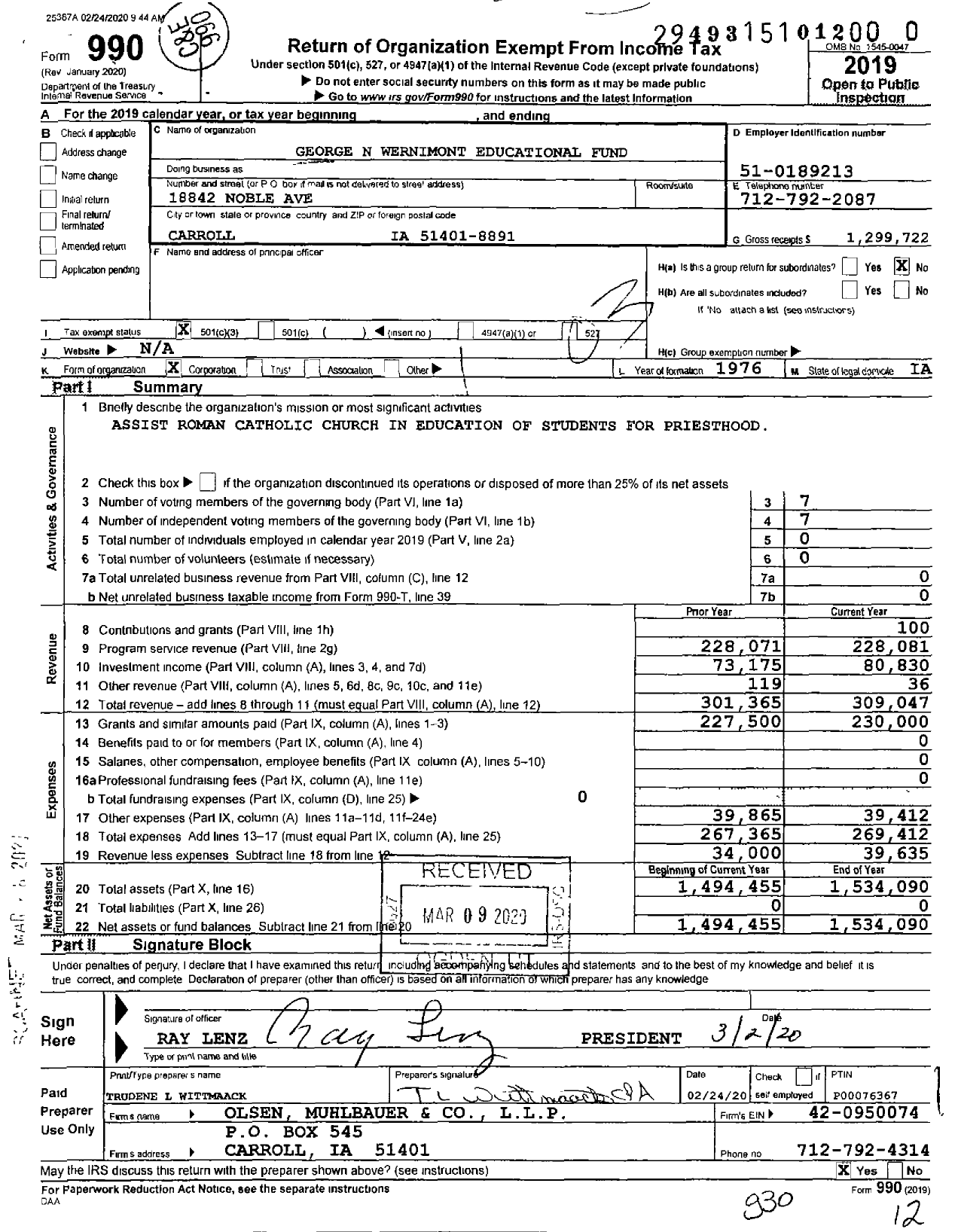 Image of first page of 2019 Form 990 for George N Wernimont Educational Fund