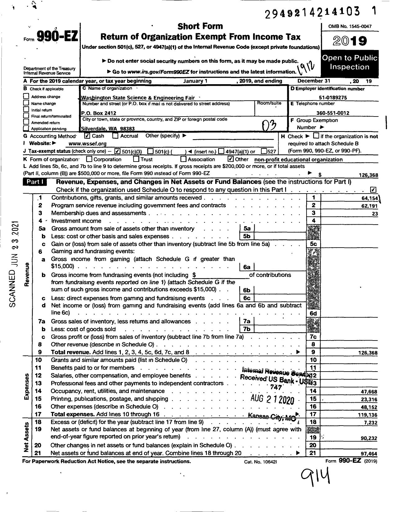 Image of first page of 2019 Form 990EZ for Washington State Science and Engineering Fair