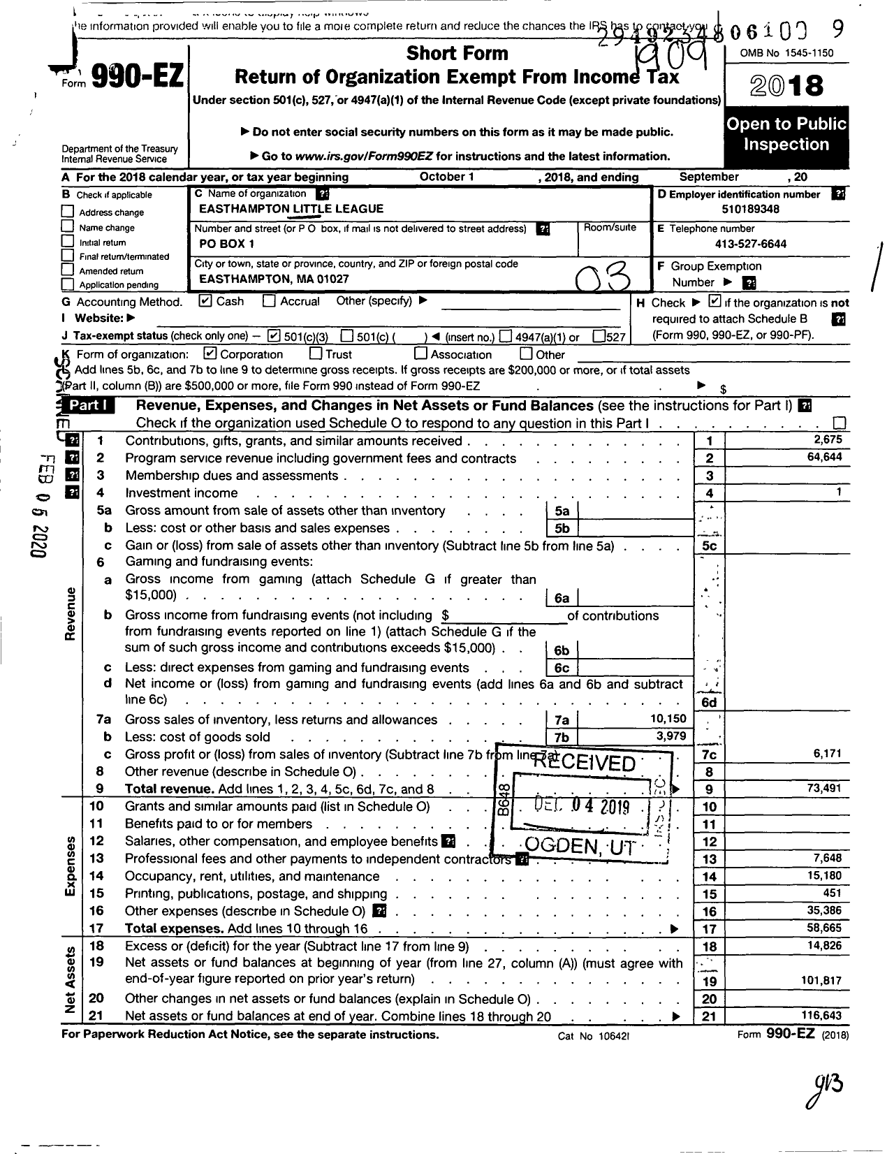 Image of first page of 2018 Form 990EZ for Easthampton Little League