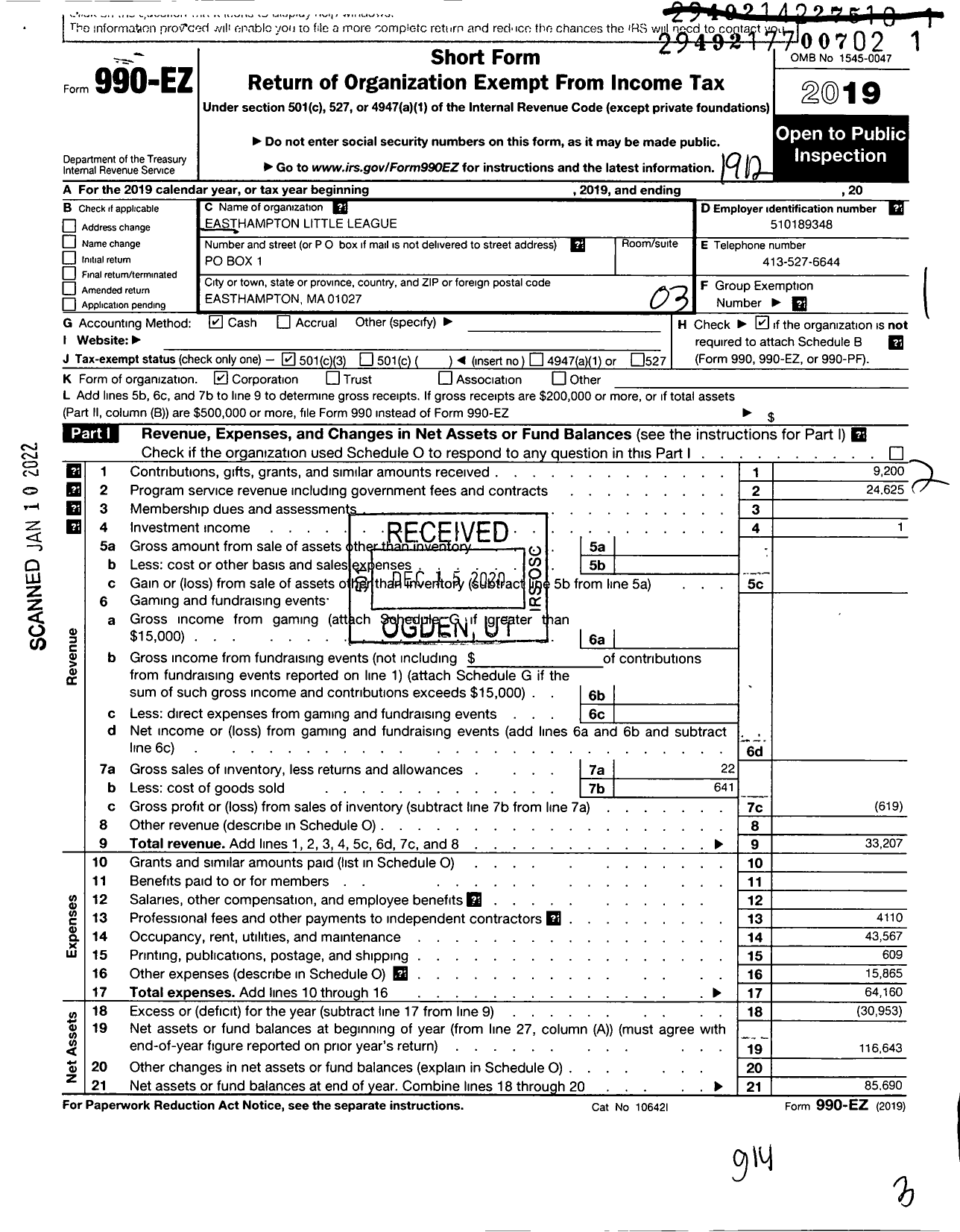 Image of first page of 2019 Form 990EZ for Easthampton Little League