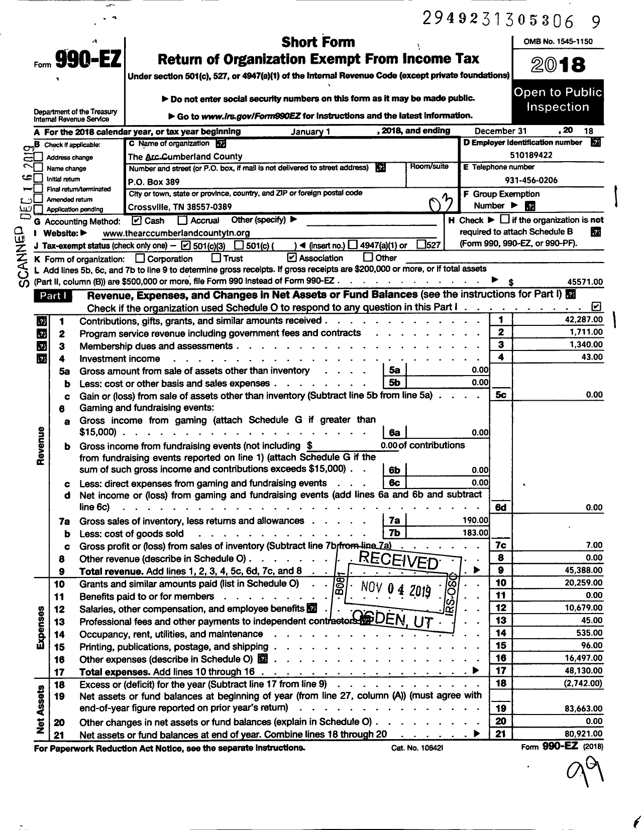 Image of first page of 2018 Form 990EZ for The Arc Cumberland County