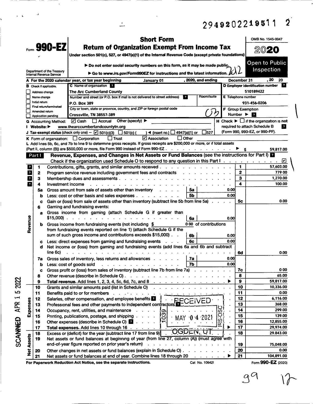 Image of first page of 2020 Form 990EZ for The Arc Cumberland County