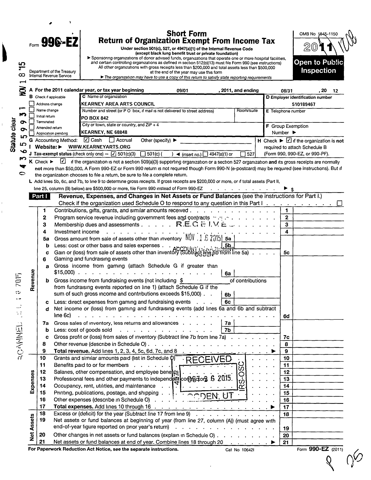 Image of first page of 2011 Form 990EZ for Kearney Area Arts Council