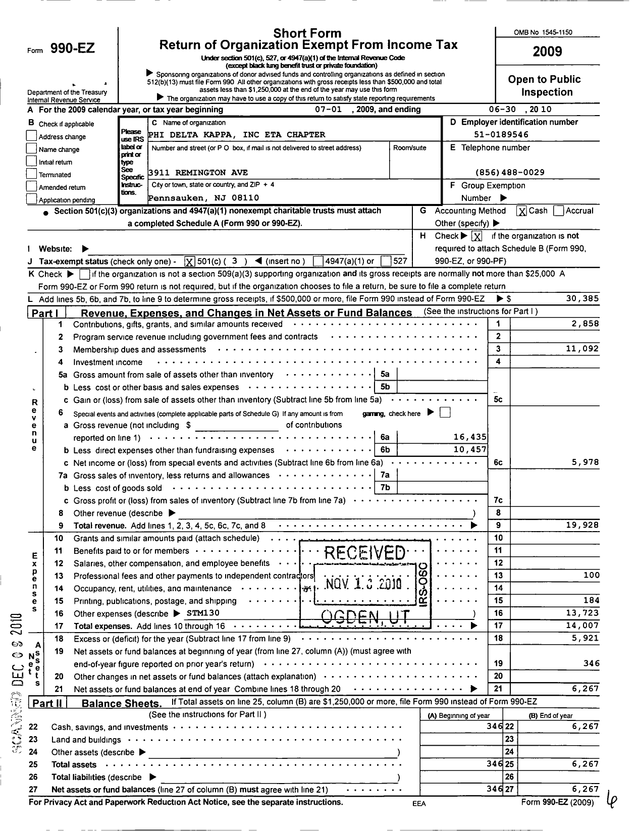 Image of first page of 2009 Form 990EZ for National Sorority of Phi Delta Kappa / Eta Chapter