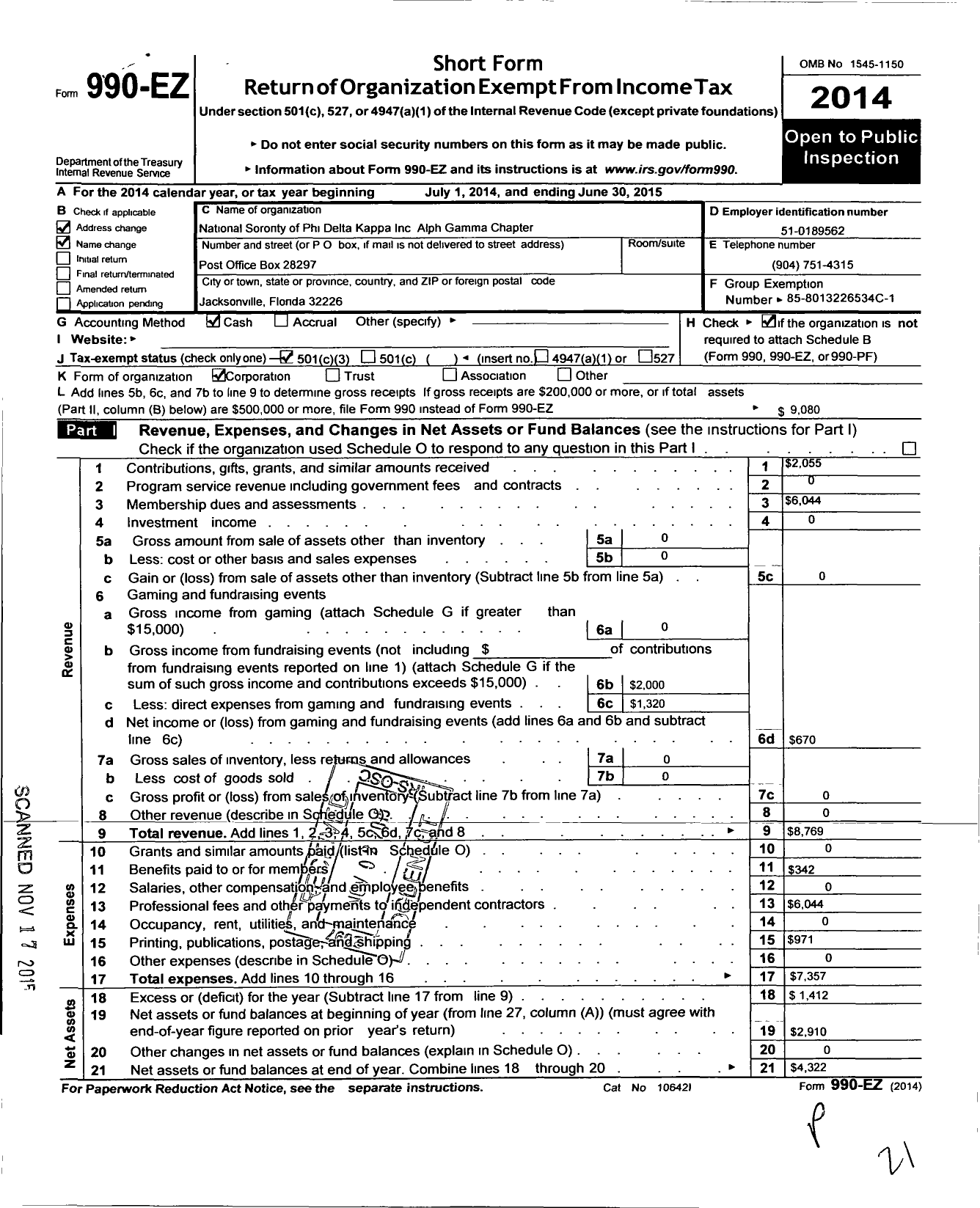 Image of first page of 2014 Form 990EZ for National Sorority of Phi Delta Kappa / Alpha Gamma Chapter