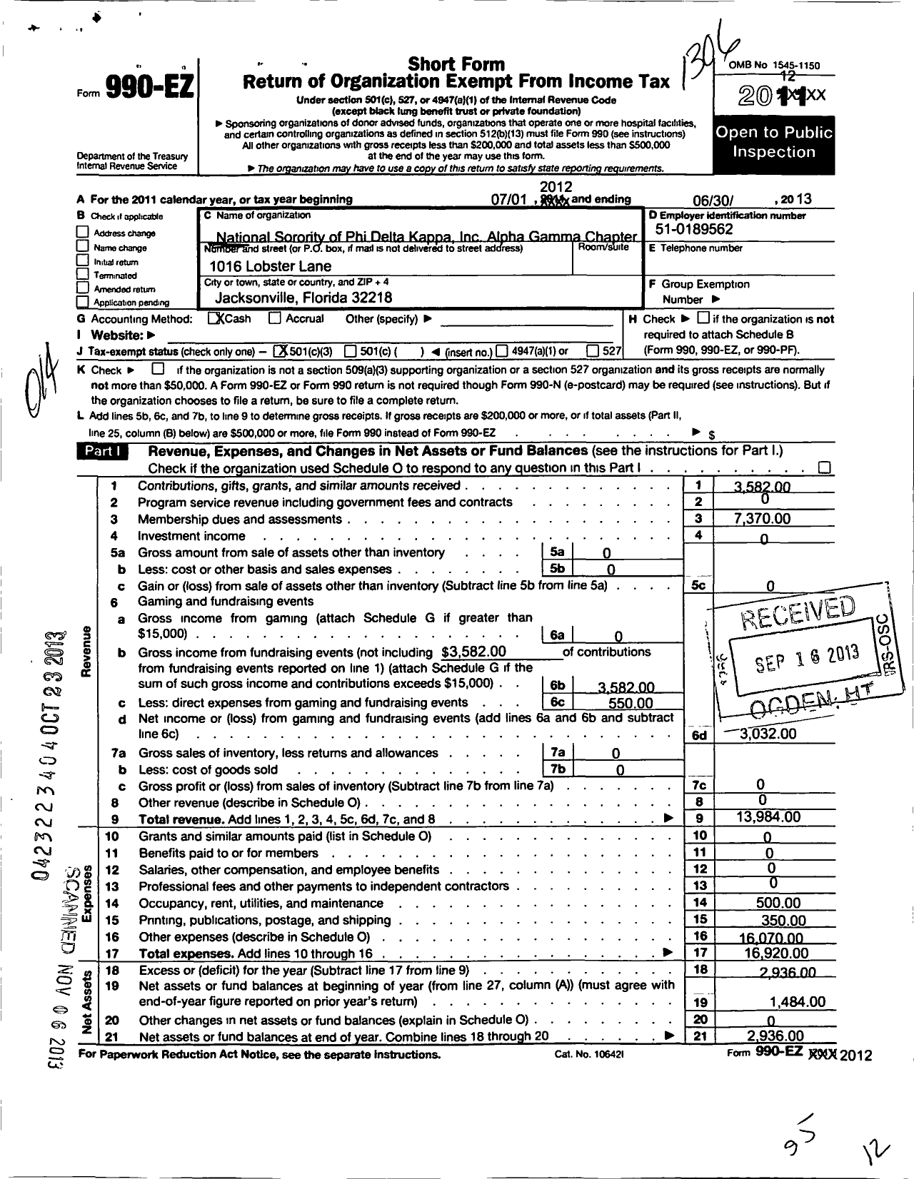 Image of first page of 2012 Form 990EZ for National Sorority of Phi Delta Kappa / Alpha Gamma Chapter