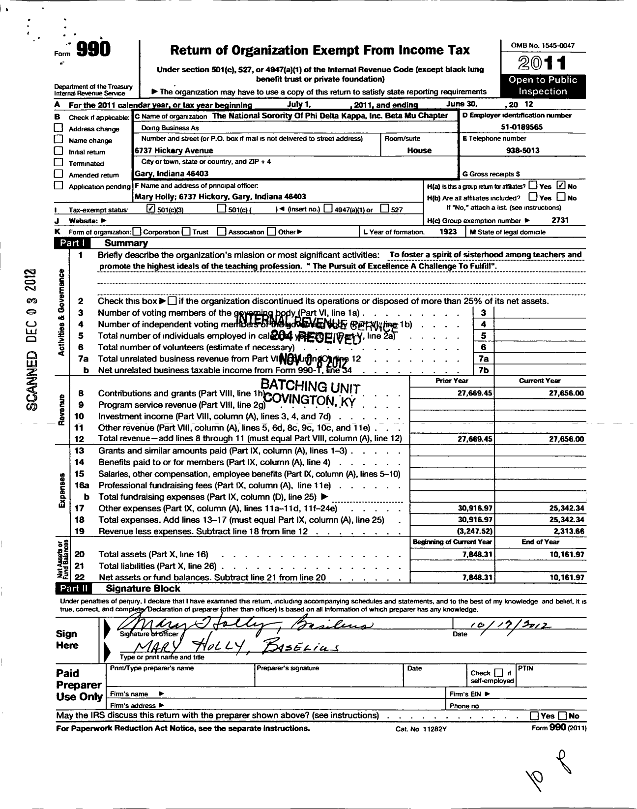 Image of first page of 2011 Form 990 for National Sorority of Phi Delta Kappa / Kappa Beta Mu Chapter