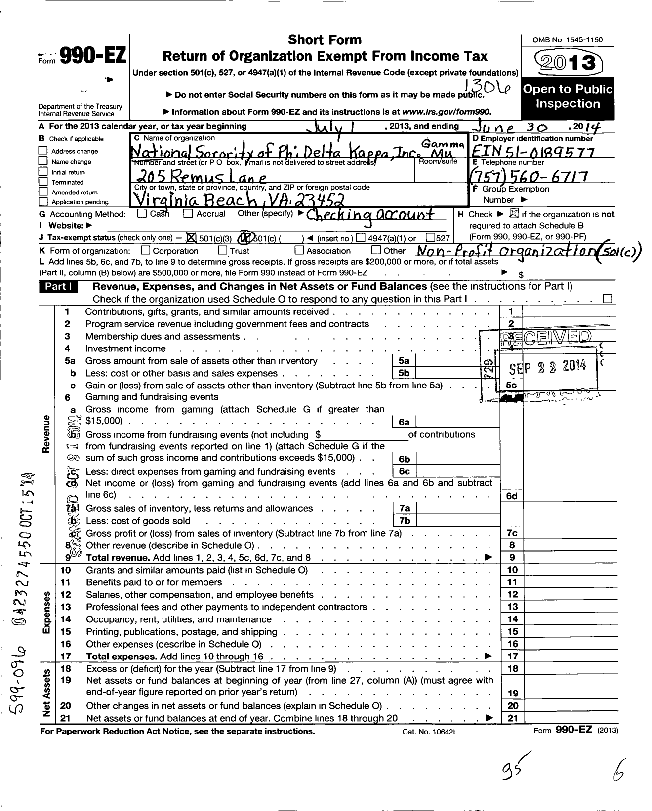 Image of first page of 2013 Form 990EZ for National Sorority of Phi Delta Kappa / Gamma Mu Chapter