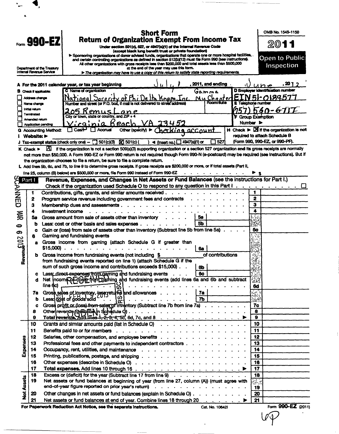 Image of first page of 2011 Form 990EO for National Sorority of Phi Delta Kappa / Gamma Mu Chapter