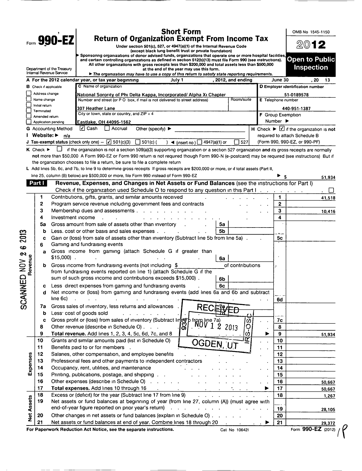 Image of first page of 2012 Form 990EZ for National Sorority of Phi Delta Kappa / Alpha Xi Chapter