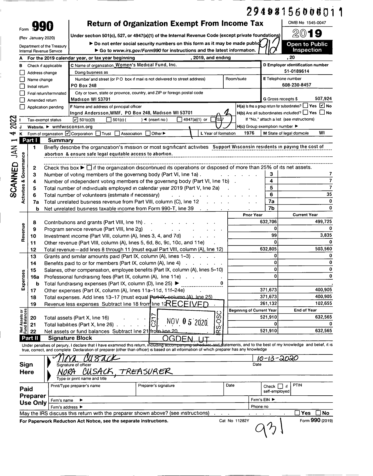 Image of first page of 2019 Form 990 for Women's Medical Fund