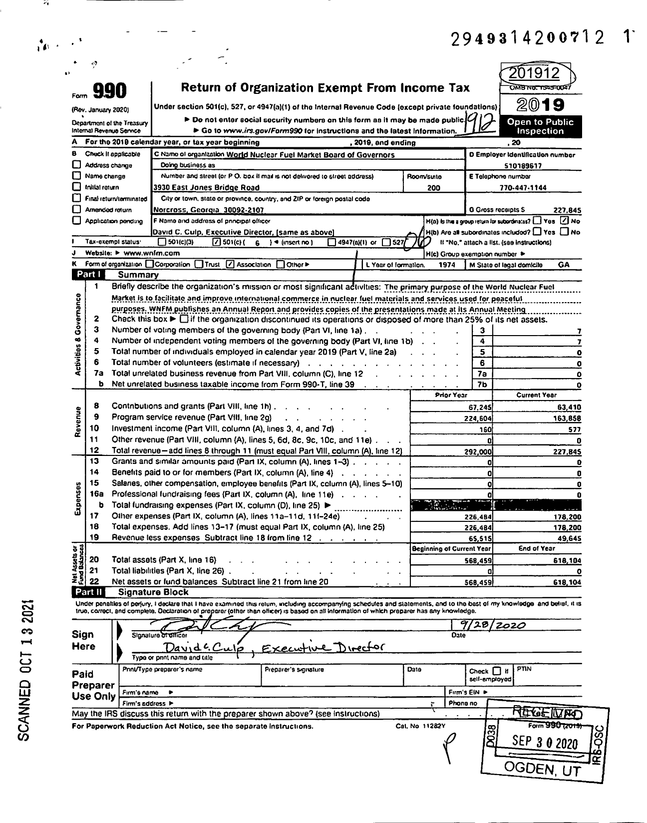 Image of first page of 2019 Form 990O for World Nuclear Fuel Market Board of Governors