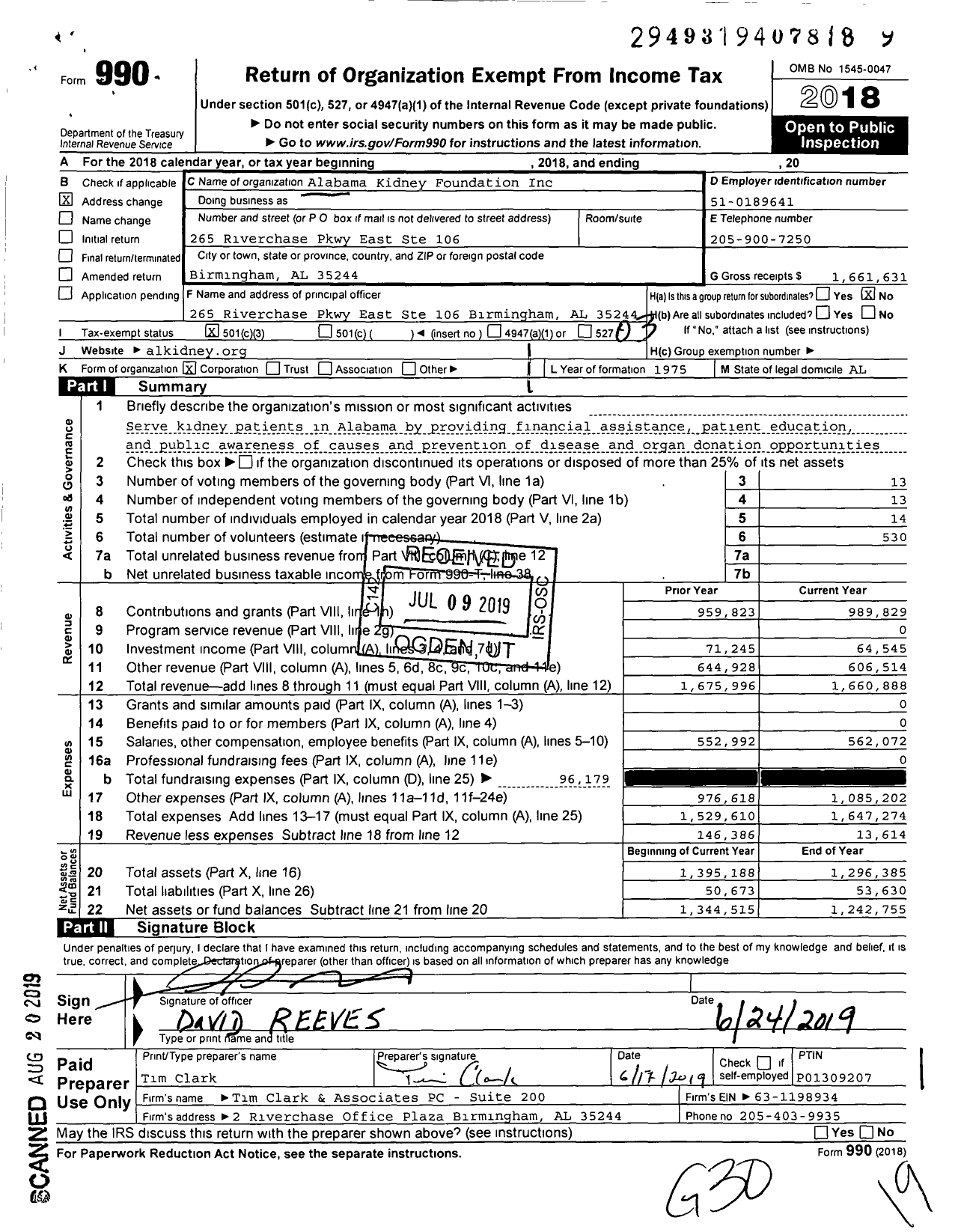 Image of first page of 2018 Form 990 for Alabama Kidney Foundation