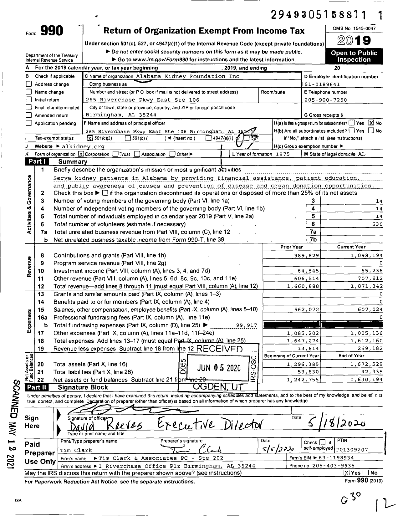 Image of first page of 2019 Form 990 for Alabama Kidney Foundation