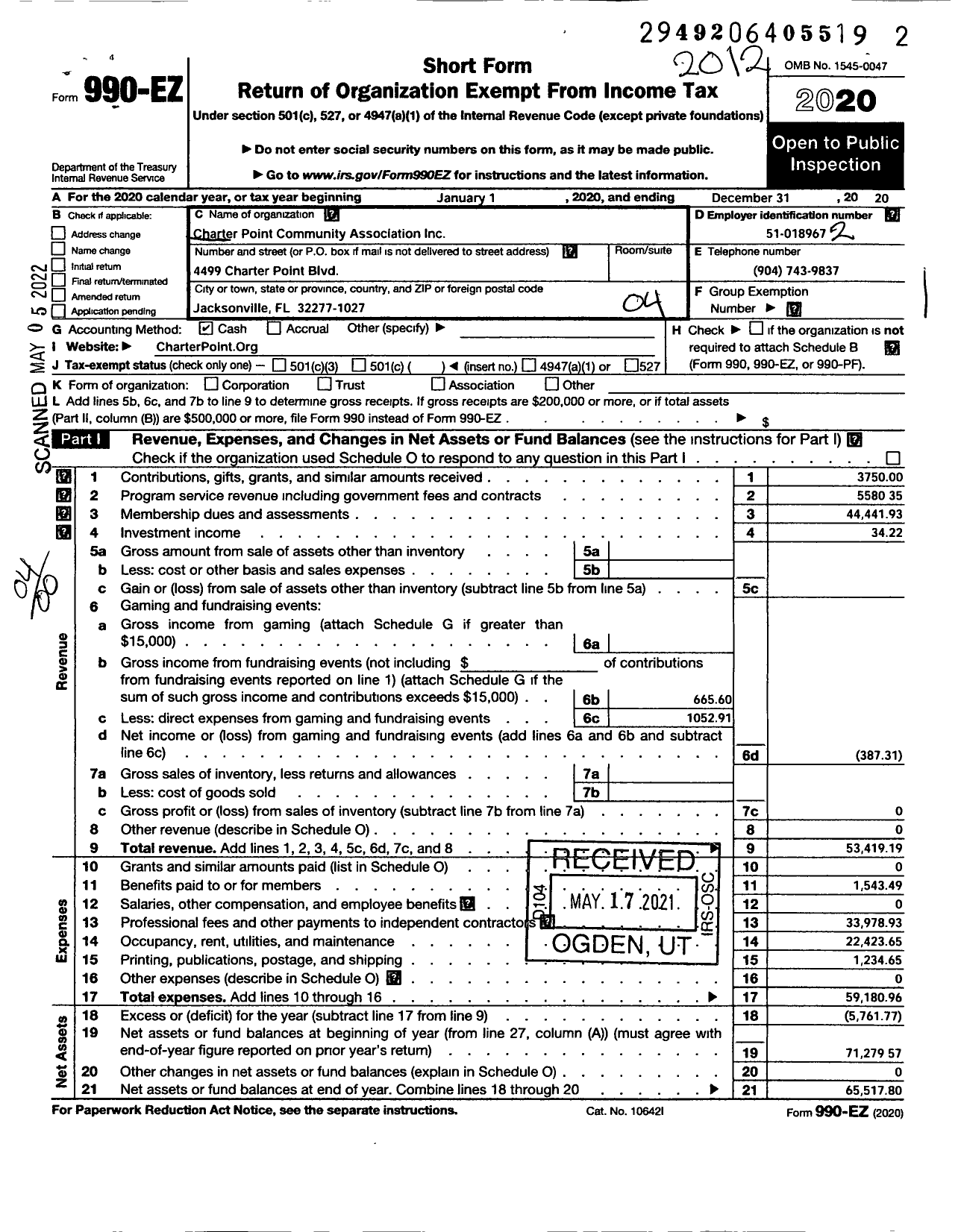 Image of first page of 2020 Form 990EO for Charter Point Community Association