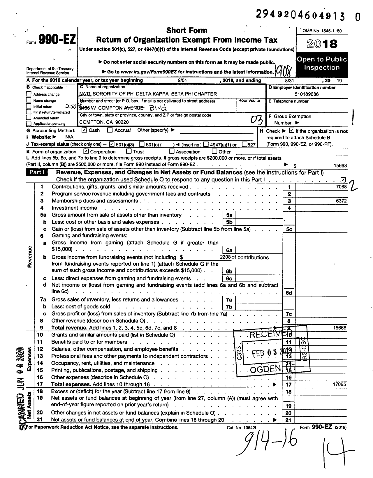 Image of first page of 2018 Form 990EZ for National Sorority of Phi Delta Kappa / Beta Phi Chapter