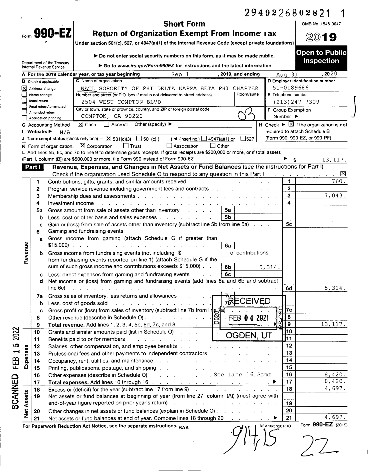 Image of first page of 2019 Form 990EZ for National Sorority of Phi Delta Kappa / Beta Phi Chapter