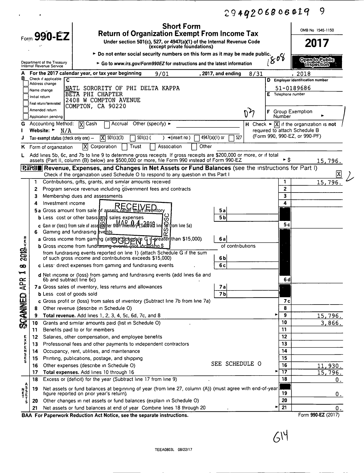 Image of first page of 2017 Form 990EZ for National Sorority of Phi Delta Kappa / Beta Phi Chapter