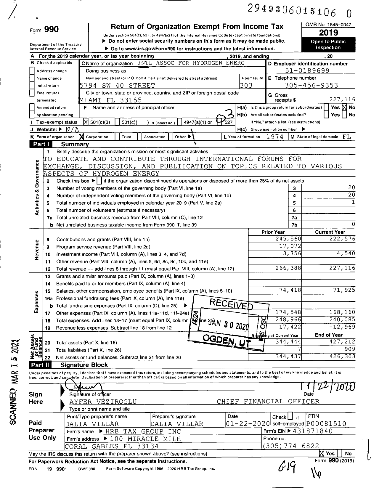 Image of first page of 2019 Form 990 for International Association for Hydrogen Energy