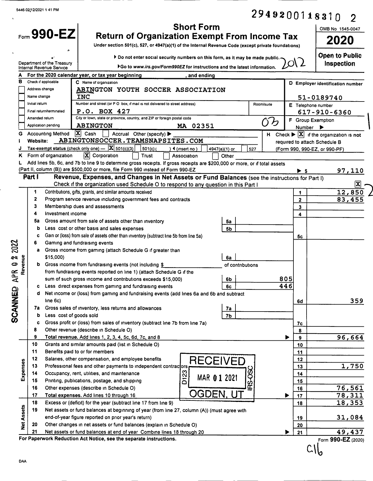 Image of first page of 2020 Form 990EZ for Abington Youth Soccer Association