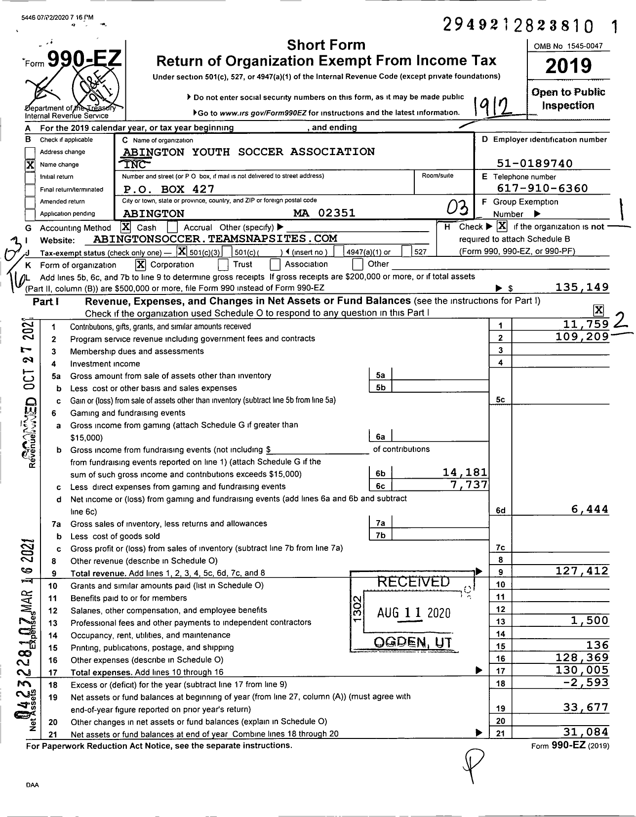 Image of first page of 2019 Form 990EZ for Abington Youth Soccer Association