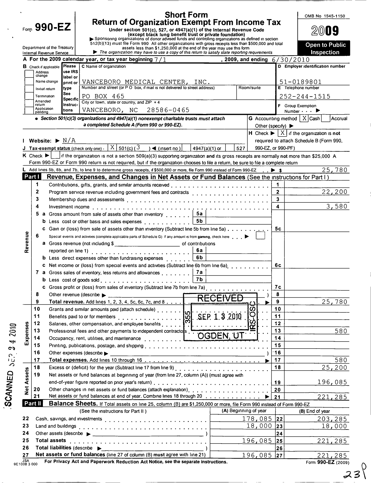 Image of first page of 2009 Form 990EZ for Vanceboro Medical Center