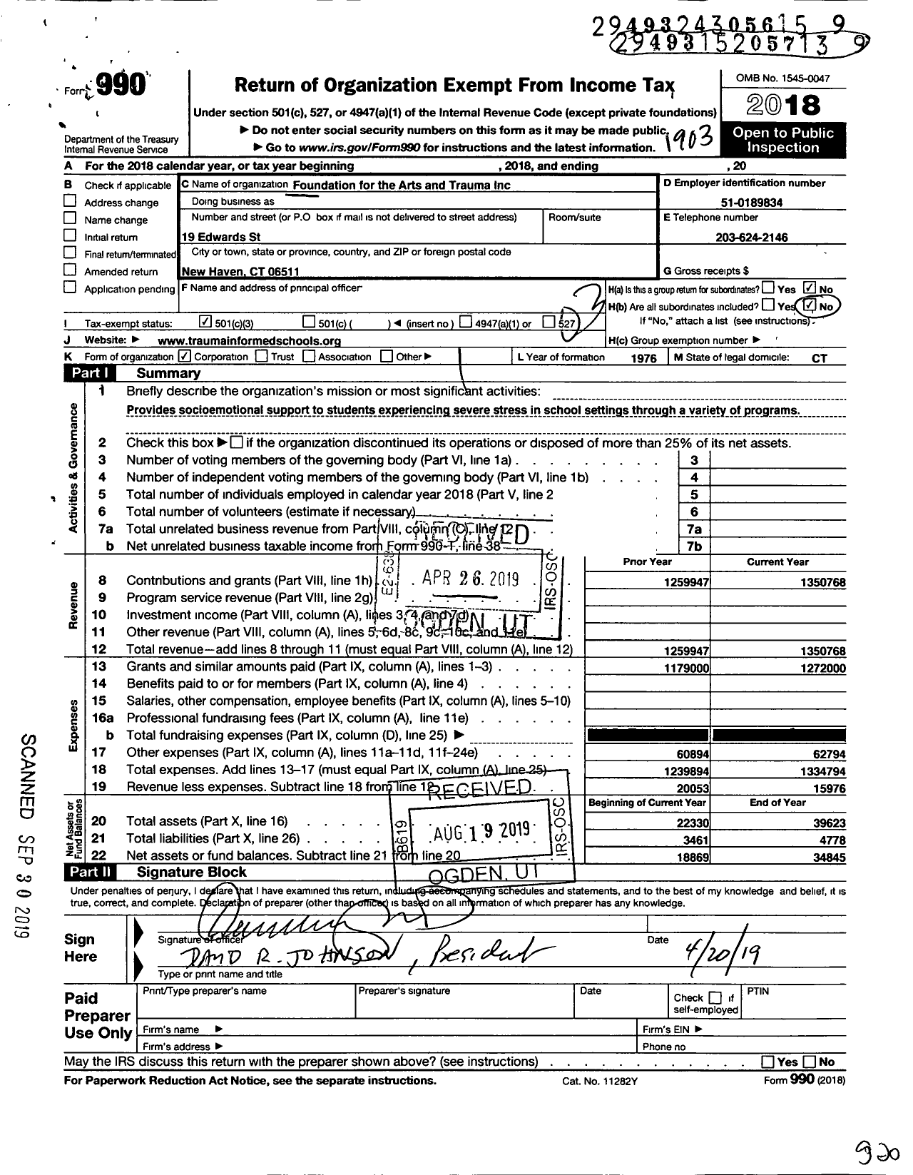 Image of first page of 2018 Form 990 for Foundation for the Arts and Trauma