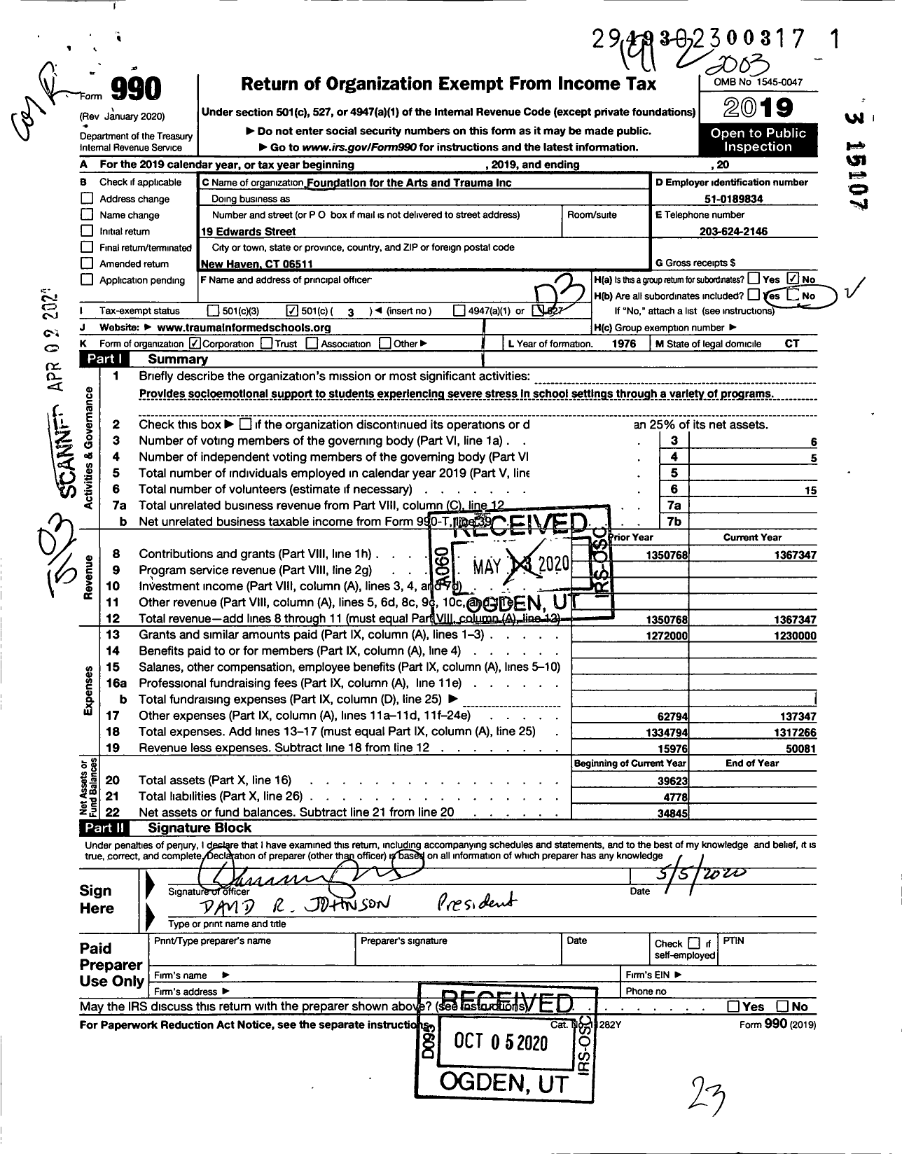 Image of first page of 2019 Form 990 for Foundation for the Arts and Trauma