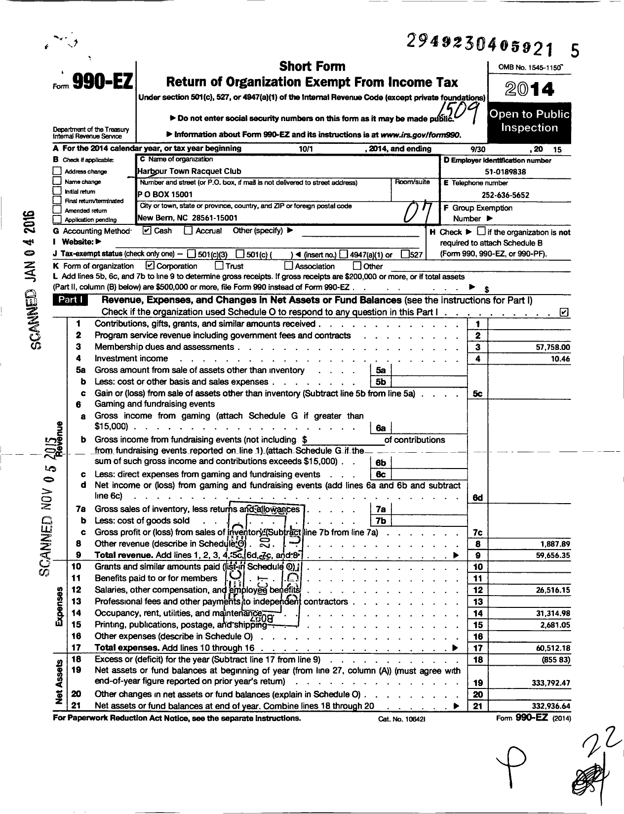 Image of first page of 2014 Form 990EO for Harbour Town Racquet Club of New Bern