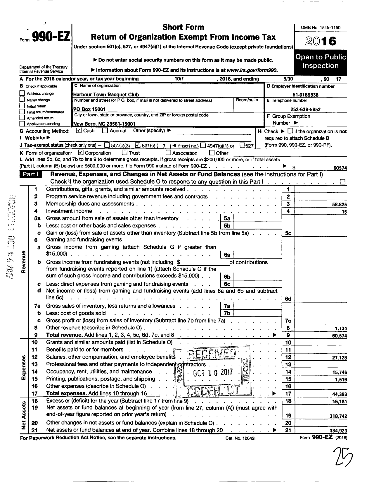 Image of first page of 2016 Form 990EO for Harbour Town Racquet Club of New Bern