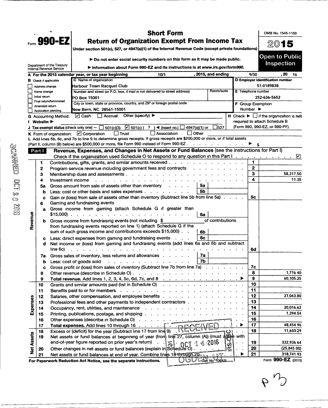 Image of first page of 2015 Form 990EO for Harbour Town Racquet Club of New Bern