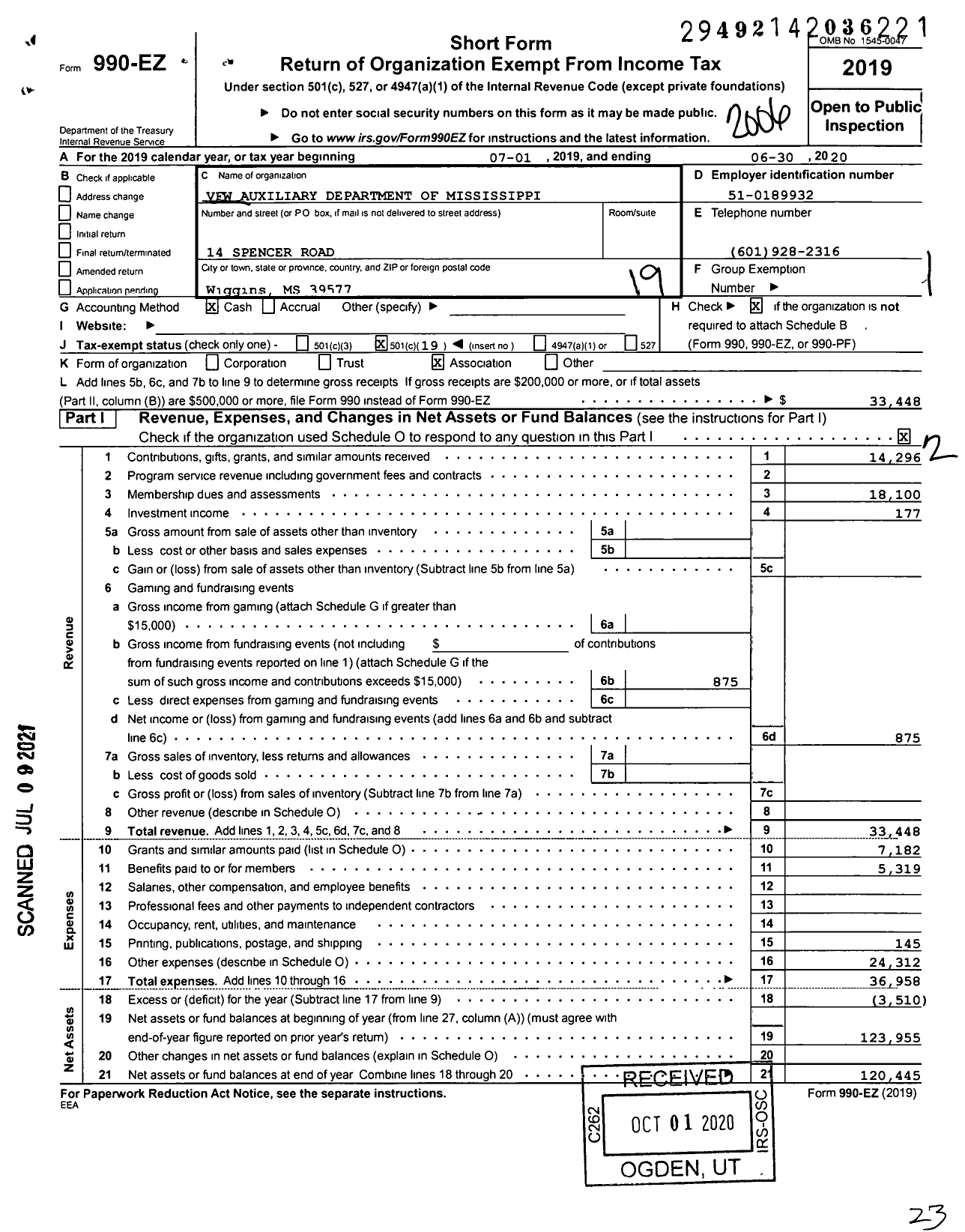 Image of first page of 2019 Form 990EO for VFW Auxiliary Department of Mississippi