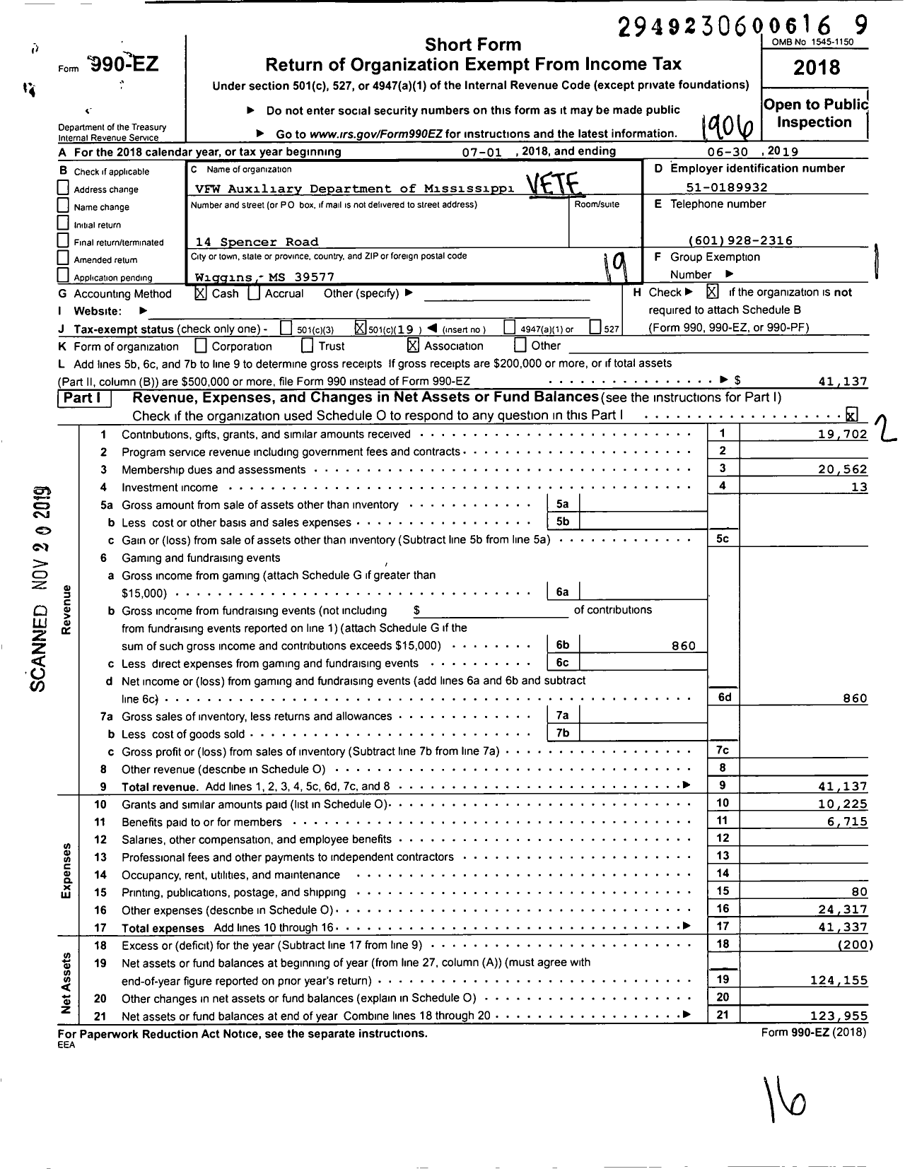 Image of first page of 2018 Form 990EO for VFW Auxiliary Department of Mississippi